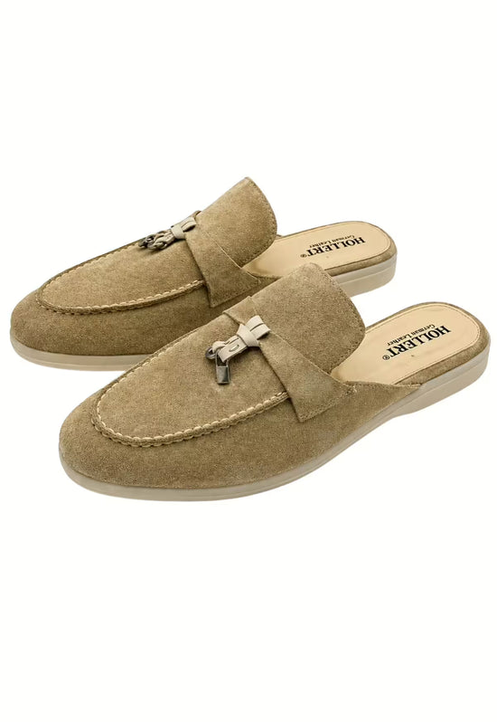 Two men's suede slippers in beige shown as a pair on a white background.