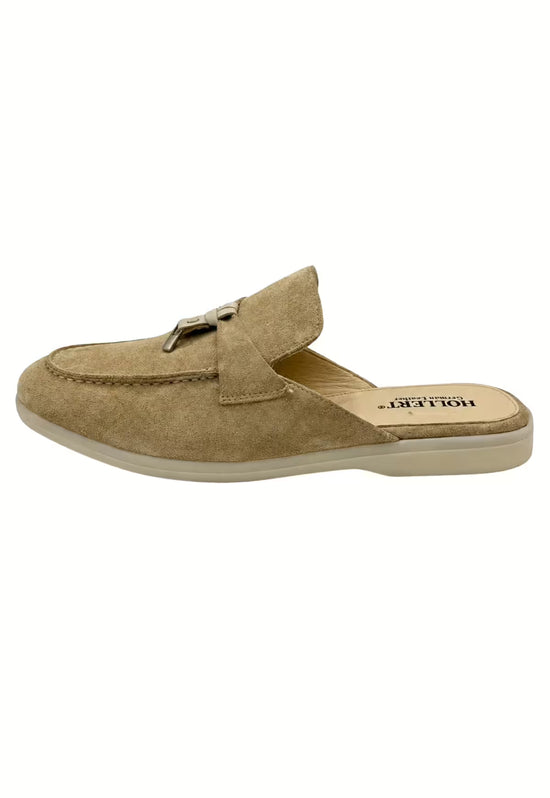 Men's slippers in beige suede shown from the side with tassel detail.