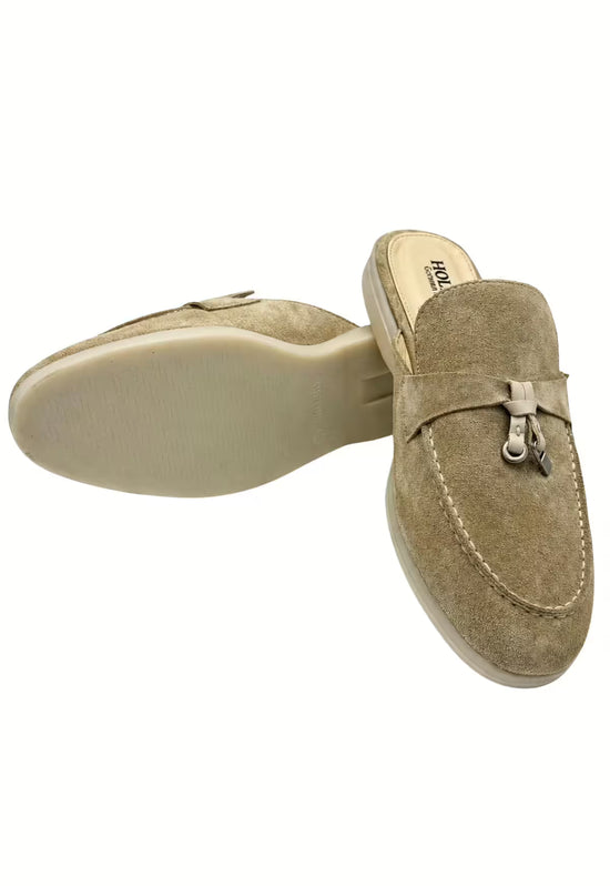 Men's suede slippers in beige with the sole visible and a front view.