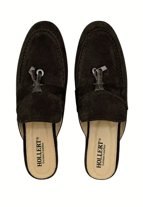 Men's suede slippers in brown seen from above, with visible tassel detail and insole.
