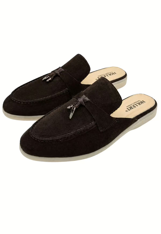 Two men's suede slippers in brown with tassel detail, shown in an angled pair view.