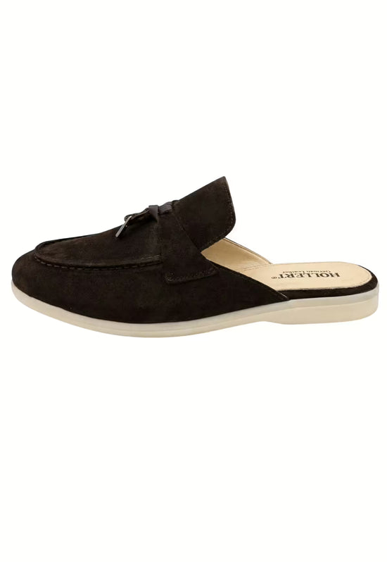 Men's suede slippers in brown, shown from the side with tassel detail and a light sole.