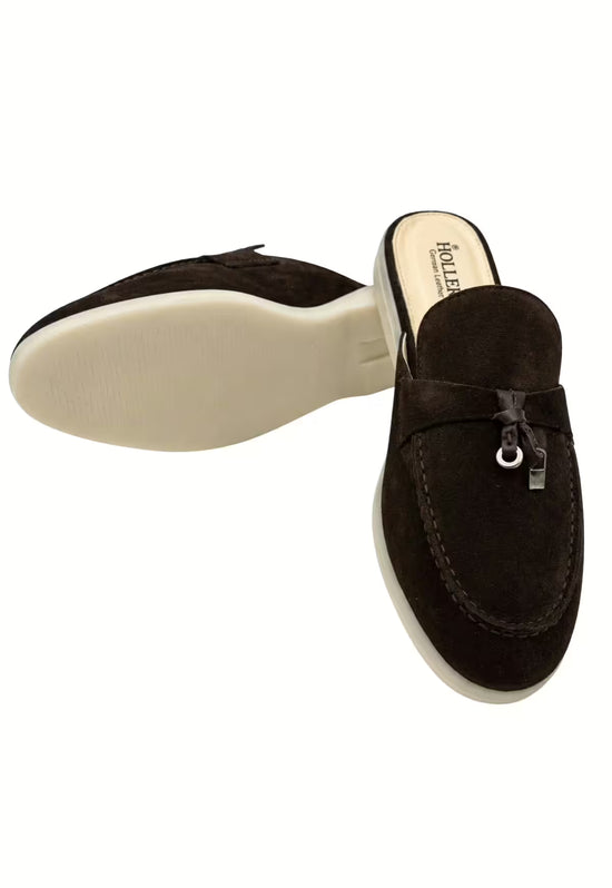 Men's suede slippers in brown shown from below with a light outsole.