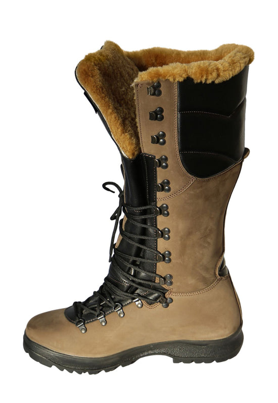 Brown sheepskin hiking boots with black lacing, shown in side view on a white background.