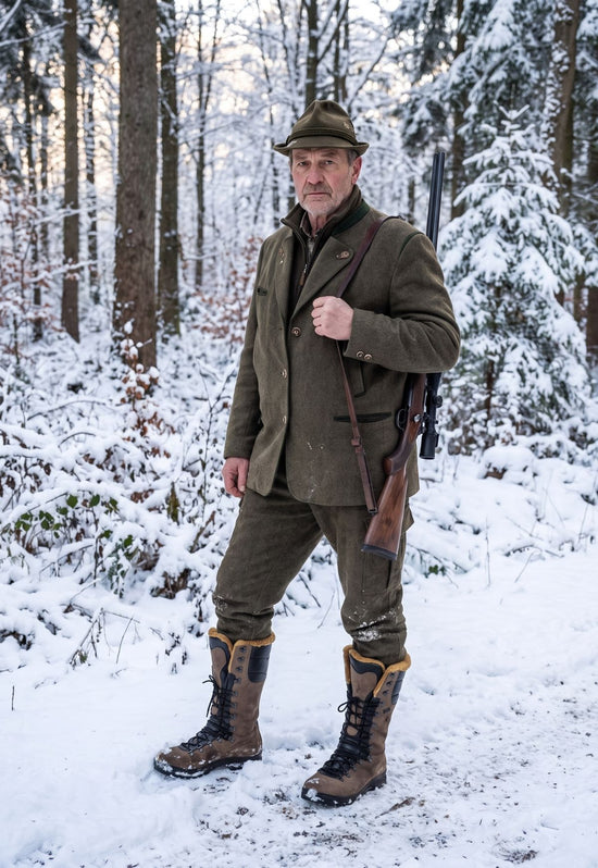 Men's sheepskin hiking boots in the snow, worn during a winter walk in the forest.