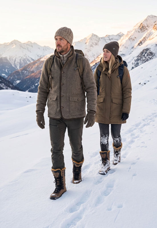 Unisex sheepskin hiking boots worn by a woman and a man during an outdoor walk in the snow.