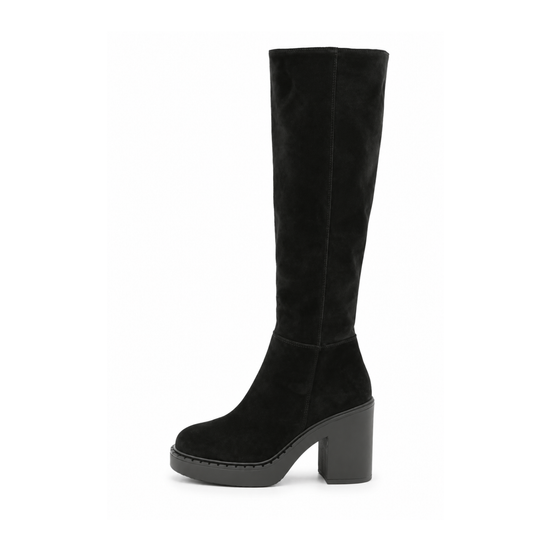 Black women's suede boot with block heel shown from the side, isolated on a white background.