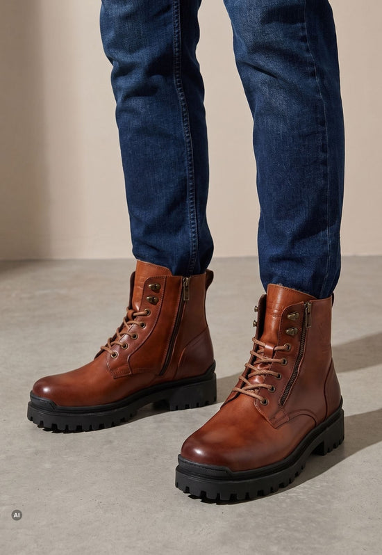 Brown men's sheepskin ankle boots worn with jeans, showing lacing, a zip and a lug sole.