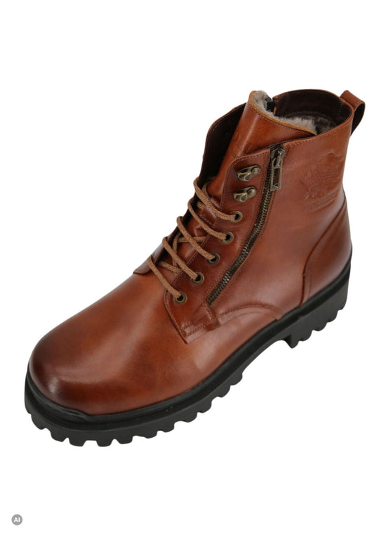 Brown men's sheepskin ankle boot in an angled view with lacing and a zip fastening.