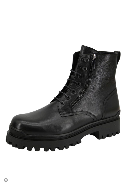 Black men's ankle boot made from sheepskin and leather, shown in an angled front view on white.