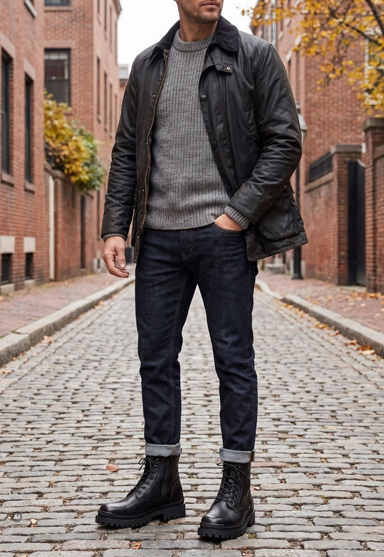 Worn black men's ankle boots made from sheepskin and leather, styled with jeans and a jacket outdoors.