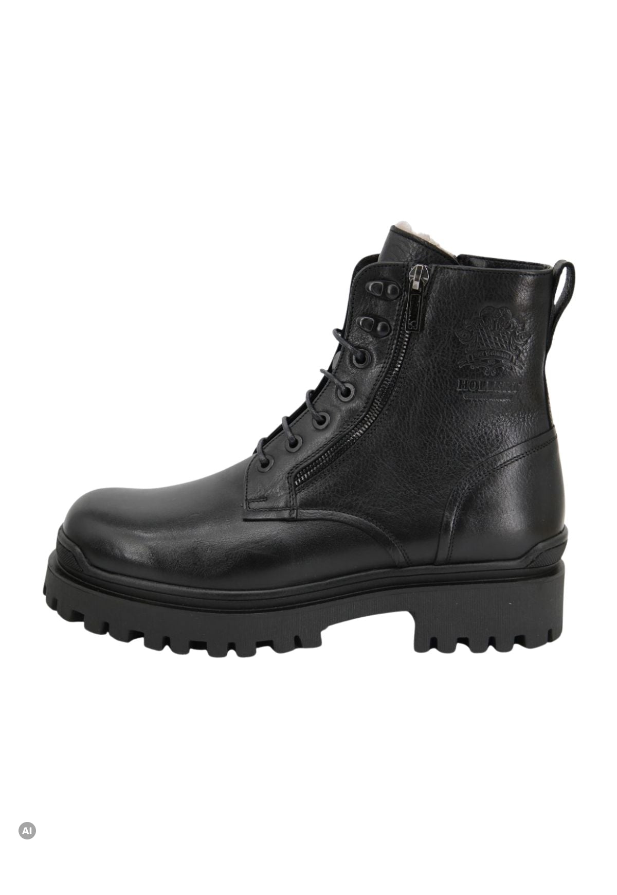 Black men's ankle boot made from sheepskin and leather, shown in side view on a white background.