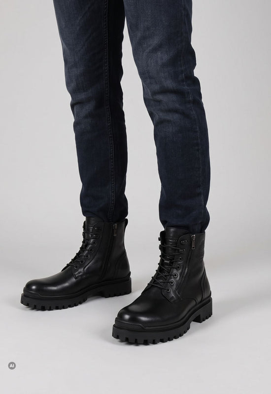 Black men's ankle boots made from sheepskin and leather, shown on a man's lower legs in the studio.