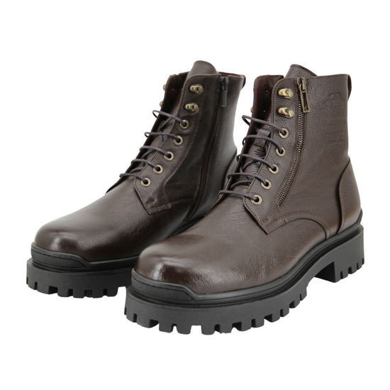Two brown sheepskin men's street shoes in an angled view with lacing, zip fastening and tread sole.