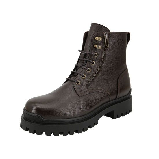 Brown sheepskin men's street shoe in an angled view with lacing, zip fastening and a sturdy outsole.