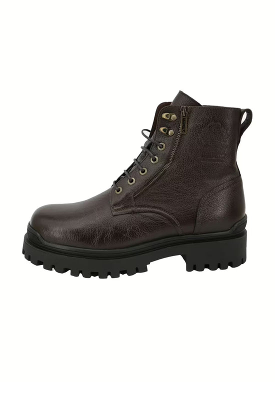 Brown sheepskin men's street shoe in side view with lacing, zip fastening and a chunky tread sole.