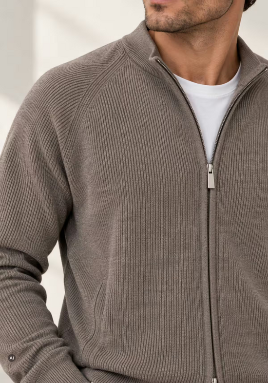 Men’s merino wool cardigan in beige, side detail view at the zip fastening