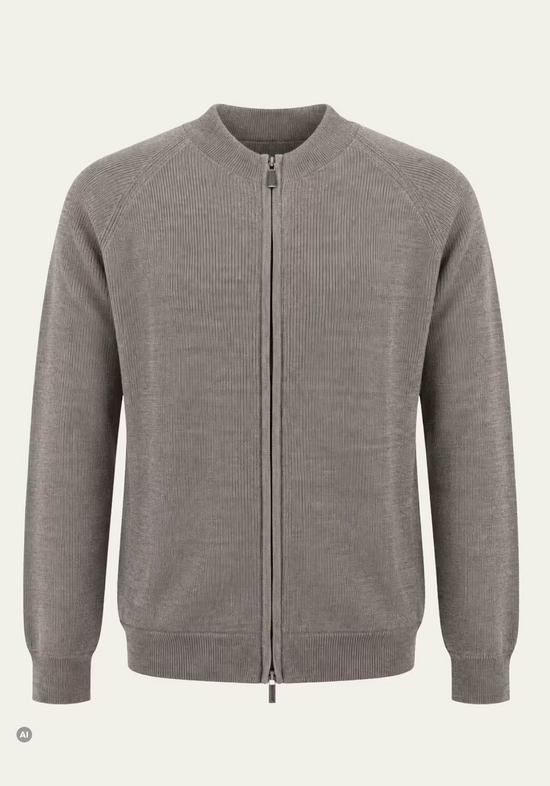 Men’s merino wool cardigan in beige, shown front-on and cut out with zip fastening
