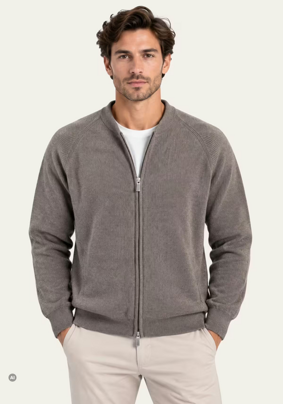 Men’s merino wool cardigan in beige, worn on the model from the front