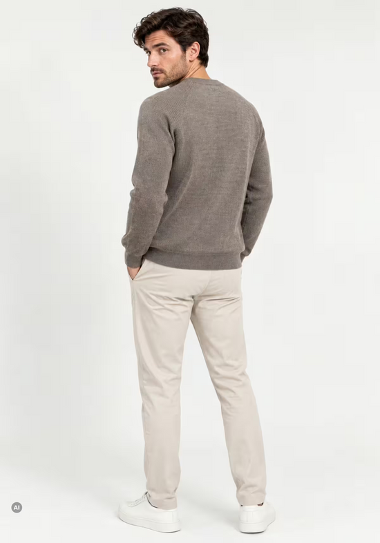 Men’s merino wool cardigan in beige, worn on the model from the back