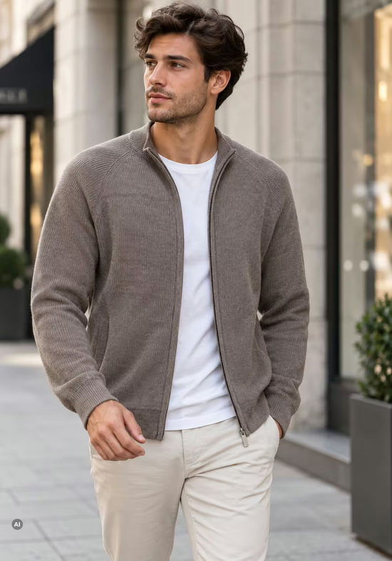 Men’s merino wool cardigan in beige, worn outdoors on the model