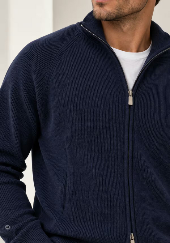 Men's merino wool cardigan in dark blue, side close-up on the upper body.