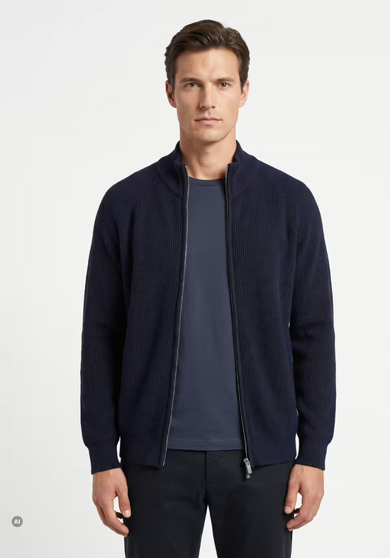 Men's merino wool cardigan in dark blue, shown upright on the model from the front.
