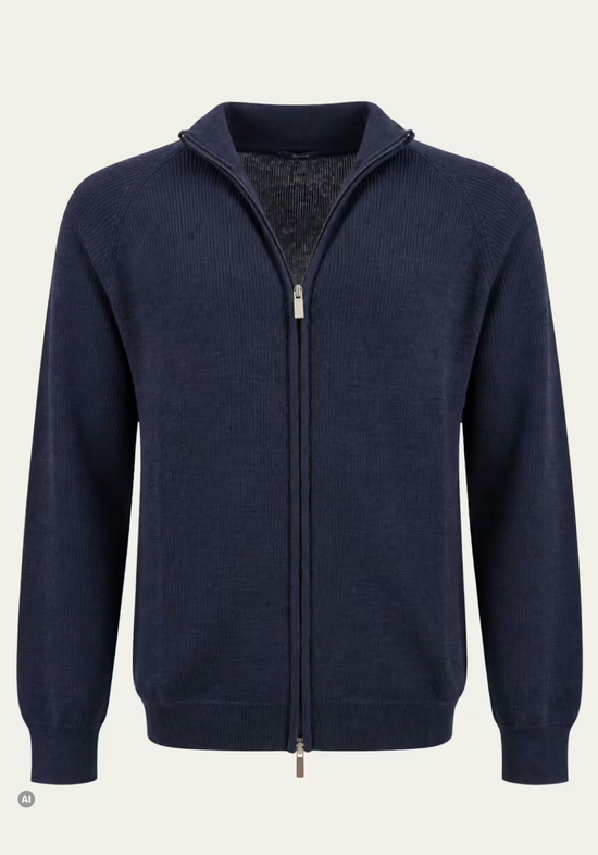 Men's merino wool cardigan in dark blue, shown frontally and isolated with zip fastening.