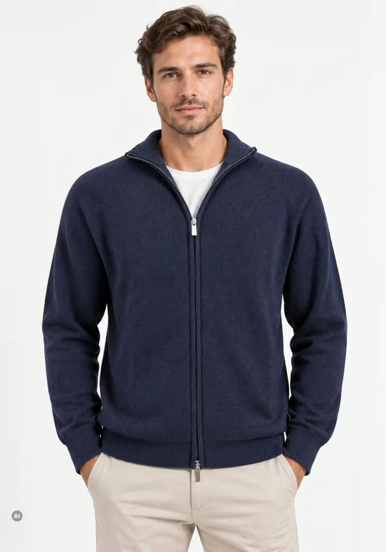 Men's merino wool cardigan in dark blue, worn by the model in a front view.