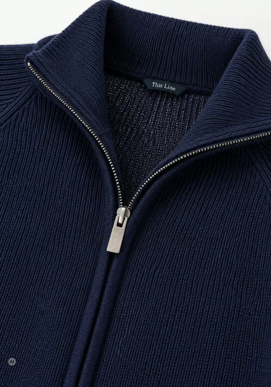Men's merino wool cardigan in dark blue, close-up of the collar and zip.