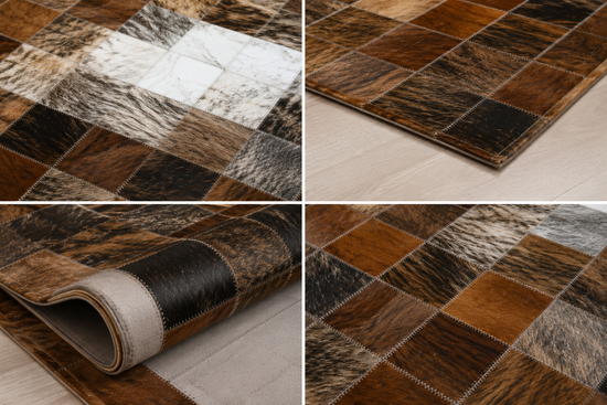 Detail collage of the cowhide rug showing pile, edge, back and stitched finish