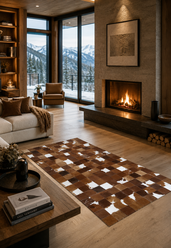 Brown cowhide rug shown in a living room by the fireplace and panoramic window