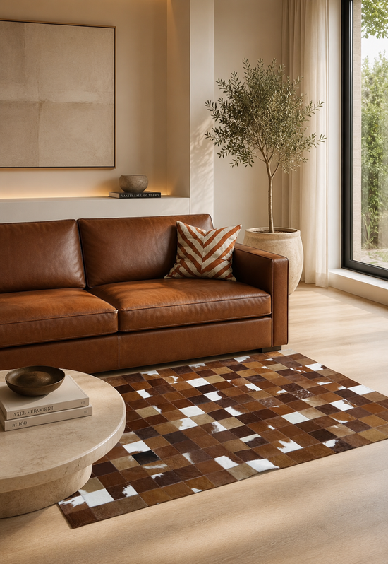 Brown and white cowhide rug in a living room beside a brown leather sofa