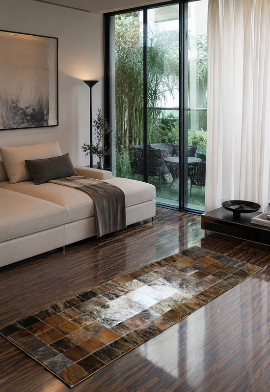 Cowhide rug in brown, white and black in a living room on a dark wooden floor