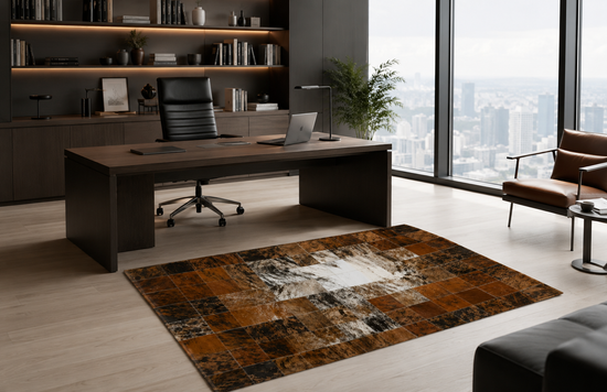 Cowhide rug in brown, white and black shown in a modern office with a desk.