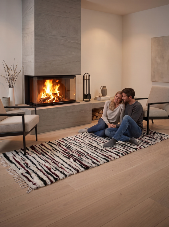 Sheeps wool rug in multicolour with two people sitting by the fireplace in the living room