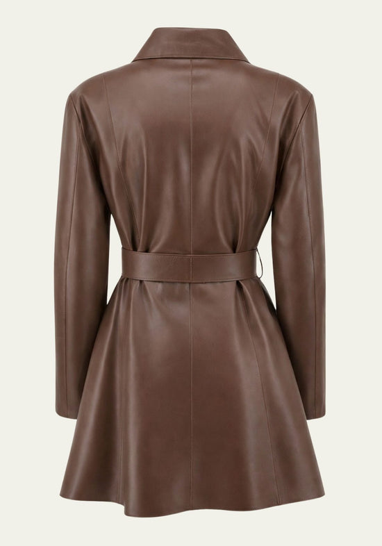 Back view of a brown women’s trench coat in lamb nappa leather with a belted waist and flared hem.