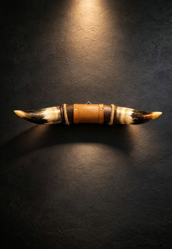Wall decoration made of natural horn with leather and wood holder, front view on a black wall with warm light.