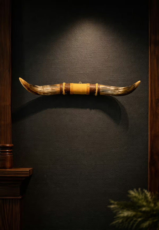 Bull horn wall decoration with leather and wooden holder on a dark wall under a spotlight.