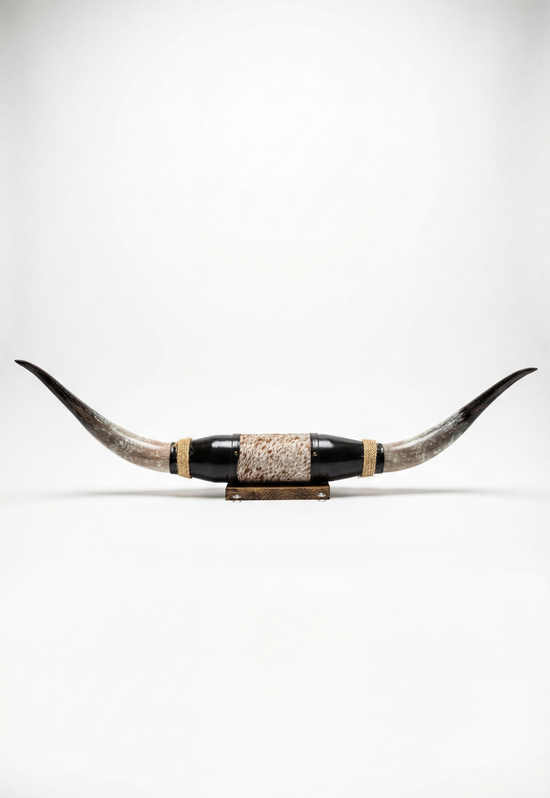Cut-out black leather wall decoration with longhorns on a white background.