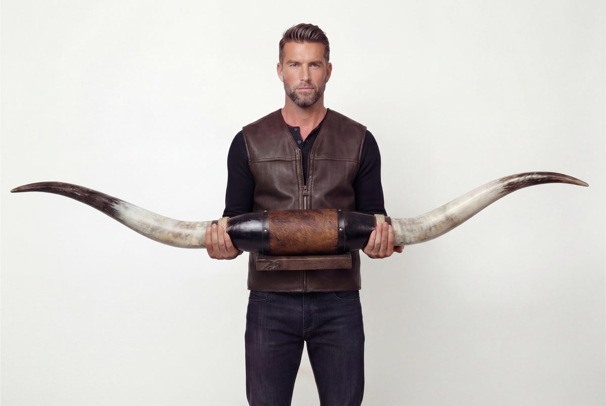Mężczyzna trzyma czarną dekorację ścienną ze skóry z długimi rogami longhorns od przodu.