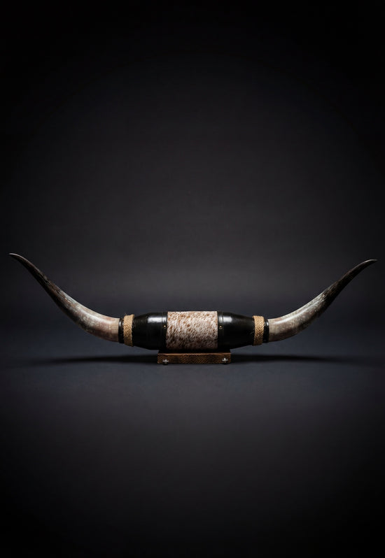 Cut-out black leather wall decoration with longhorns on a dark background.