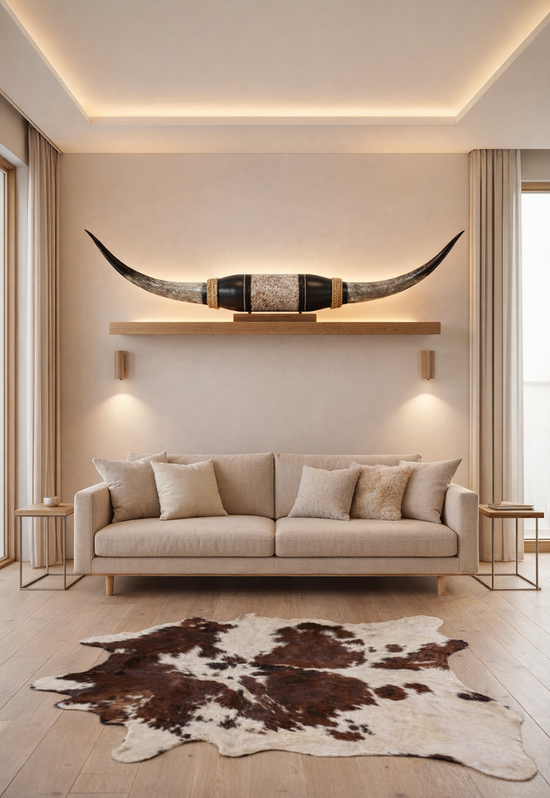 Leather wall decoration with black longhorns above a light-coloured sofa in the living room.