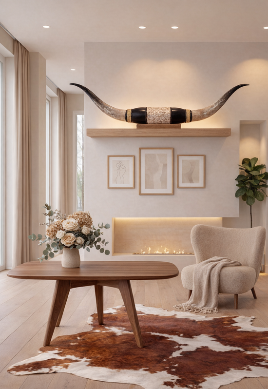 Black leather wall decoration with longhorns in a bright living room above the fireplace.