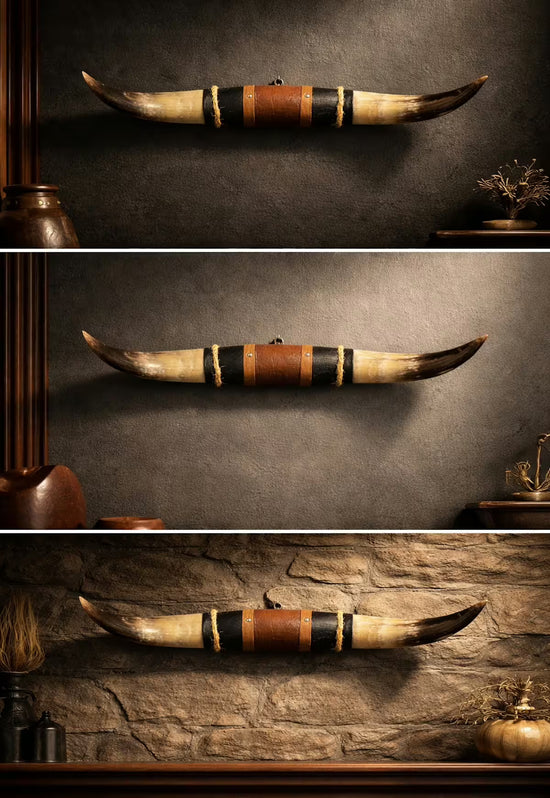 Wall decoration made of natural horn with leather and wood mount in three room views