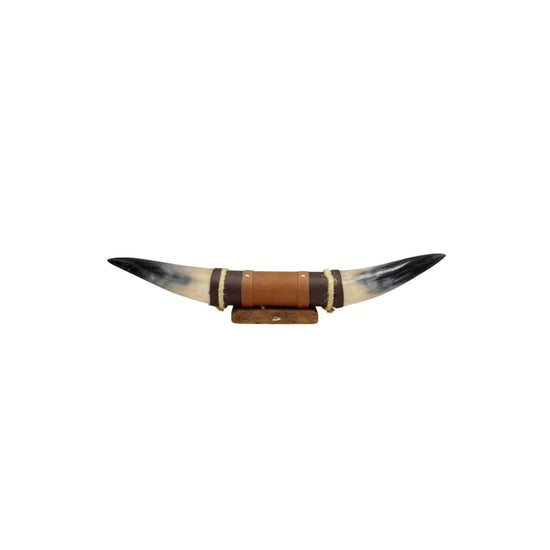 Wall decoration made of natural horn with leather and wooden bracket, isolated and centred on a white background.