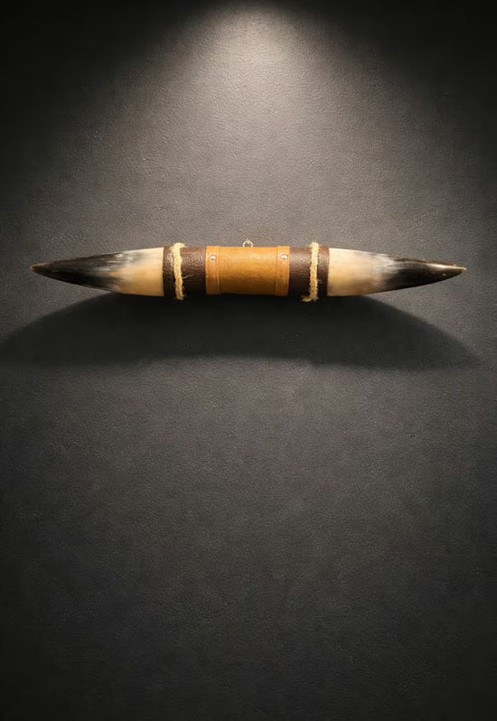 Wall decoration made of natural horn with leather and wooden bracket in a studio shot on a dark wall.