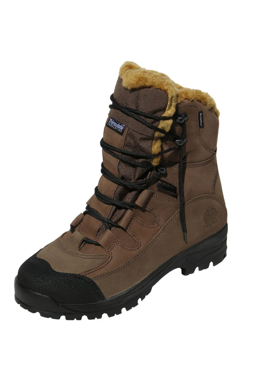 Brown sheepskin hiking boot with a black tread sole, shown at an angle.