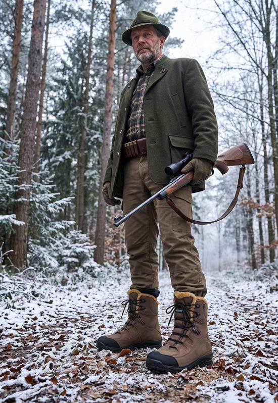 Man in the forest wearing brown sheepskin hiking boots, jeans and carrying a rifle in the snow.