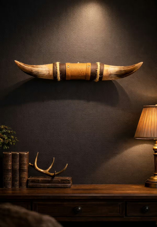 Horn wall object with leather and wooden holder, shown front-on on a dark wall.